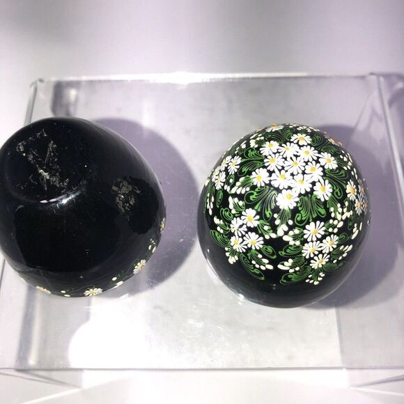 Alabaste wood egg Thailand hand painted Trinket Box 3.5" daisis on black - Picture 4 of 7